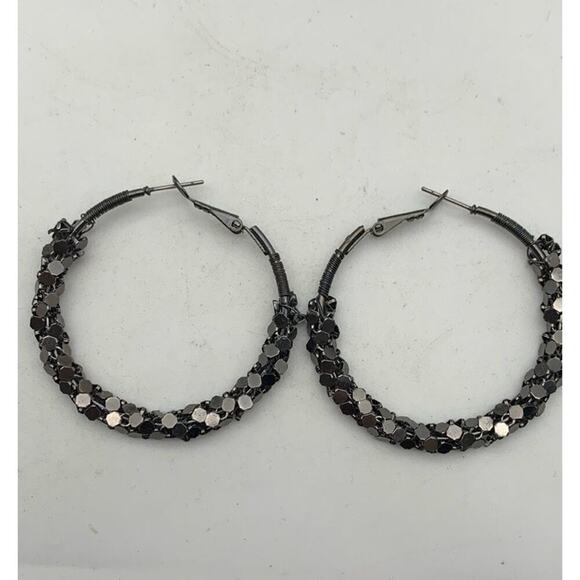 Sparkly Dark Shiny Silver / Grey Textured 2” Hoop Earrings - Picture 1 of 3